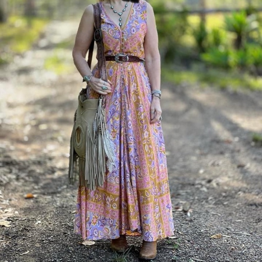 Spell Bohemian Maxi Dress in Lavender and Mustard Paisley